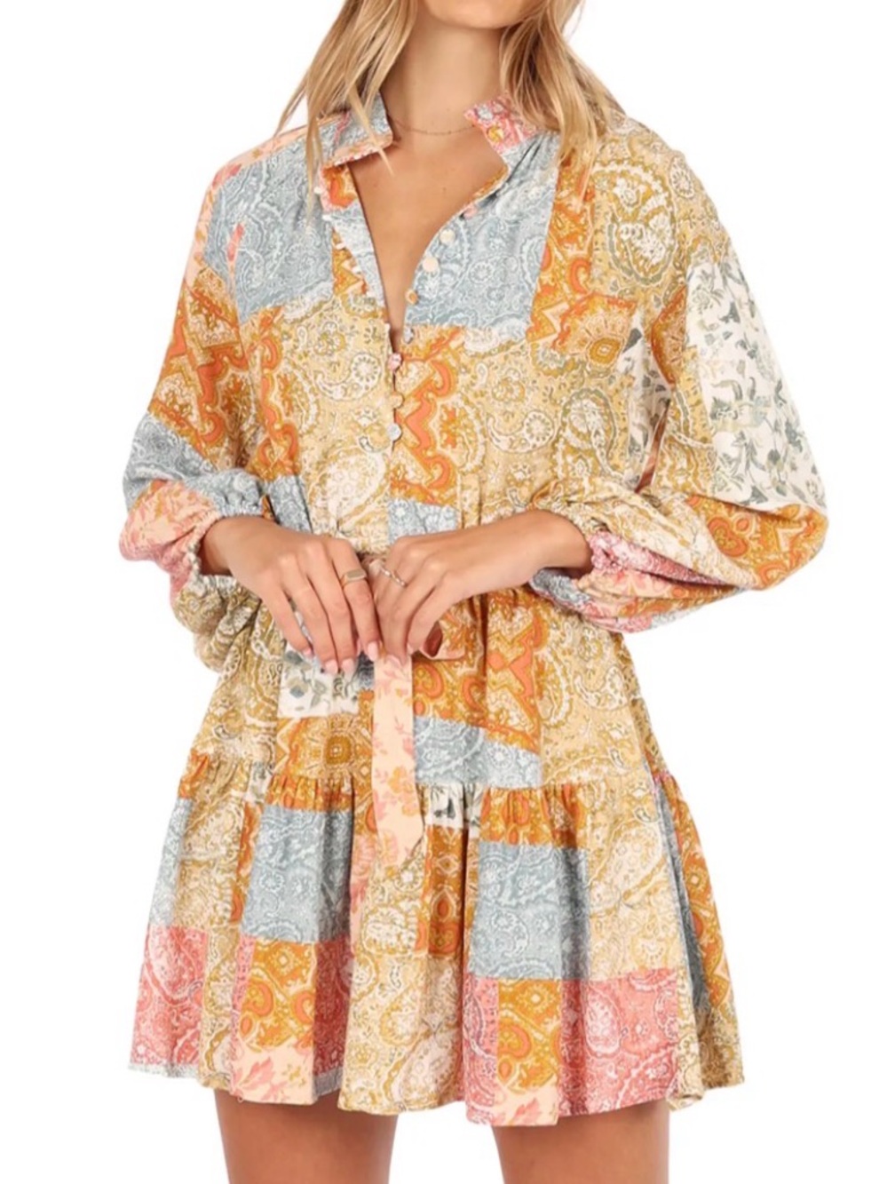 Petal & Pup Silante Patchwork Print Belted Long Sleeve Shirtdress Size 12